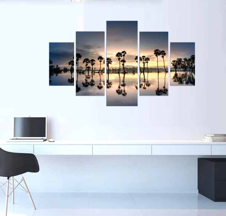 5 Piece Modern Art Decor, Large Modern Sunset Sea Beach Canvas Prints Pictures Paintings on Canvas Wall Art for Home Decor Framed on board Ready to Hang Tropical scenery Seascape for living room