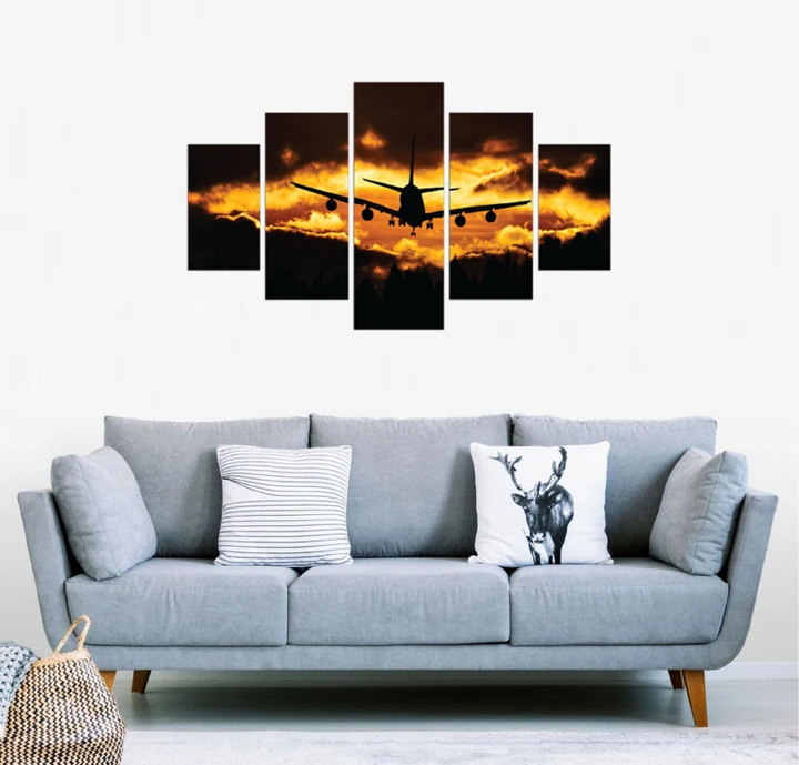 5 Piece Canvas Wall Art, Sunset art painting, Skies sunset with aeroplane Large Framed Wall Art, Flight artwork Decor Extra Large Framed Wall Art, 5 Panel Framed Canvas Wall Art, Modern Abstract Art