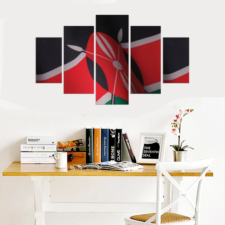 Kenyan Flag Backdrop Artwork Mural Framed 5 Pieces Canvas Wall Art, Large Framed 5 Pieces Canvas Wall Art, Extra Large Framed 5 Panel Canvas Wall Art for Office Room Decor, Mounted on 5mm PVC Board