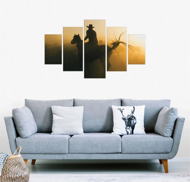 Man on Horse Painting Scene, Framed 5 Piece Five Panel Wall Canvas Print mounted on 5mm PVC Board, Modern Art Poster Picture Home Decor Gift For Him, Country Music Lover Gift, Horse Rider PaintinGift