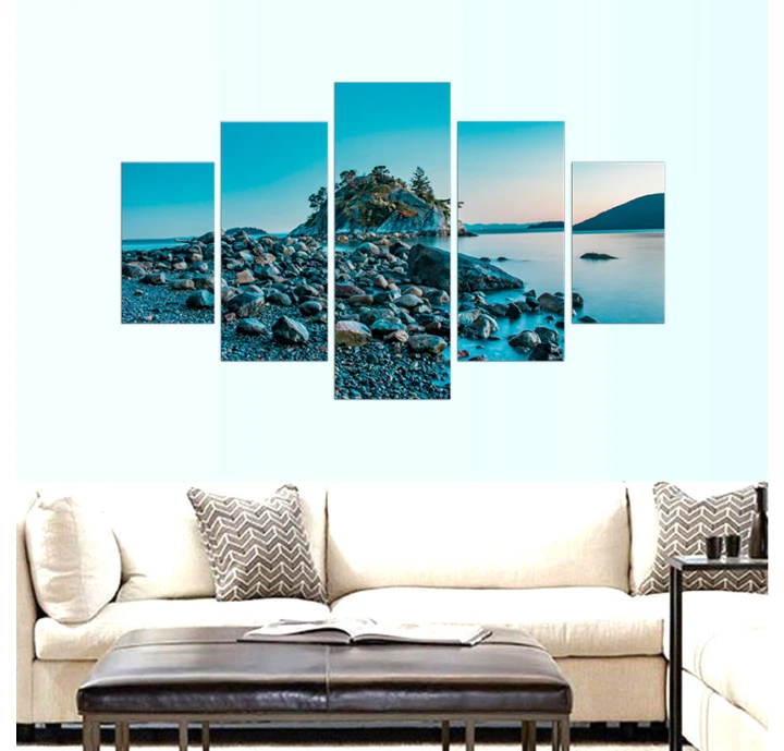 Dark Blue Water and Sea Foam Blue Seascape Modern Design Home Decor Canvas Print Wall Art Picture Wall Hanging  Large Framed 5 Panel Canvas Wall Art, Mounted on 5mm Board Panels Canvas Wall Art Decor