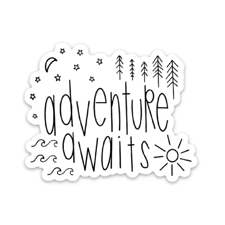 Adventure Awaits- Travel Sticker- Handwritten Quote Stickers, Adventure awaits decal | Sun sticker | Mountains sticker | Wave sticker | Sunshine decal, HikersMErch, Hikers Gofts, Love Hiking Sticker