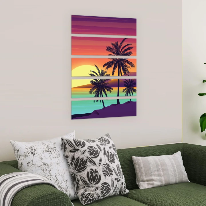 5 Piece Beach Sunset Painting, Canvas Print Mounted on Board, Ready to Hang, Abstract Digital Painting Printed on Canvas, Seascape Tall Palms Sunset Portrait Wall Art Painting Ready to Hang Canvas Art
