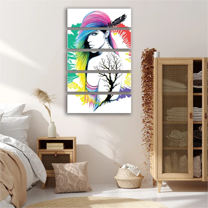 5 Piece Multi Panel Artwork Mounted in Board Modern Hip-hop Tattoo Women Canvas Painting Hip Hop Girl Poster for Home Living Room Bedroom Restaurant BAr AirBNB Wall Decor Art Painting Ready to Hang