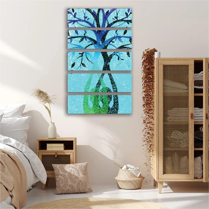 5 piece Yoga Art Printed on canvas Mounted on 5mm Board, Wall Decor Tree of Life Watercolor Print, Wall Art Wedding Gift, Nature Yoga Studio, Family Housewarming Gift, Buddha Home Decor, House Decor