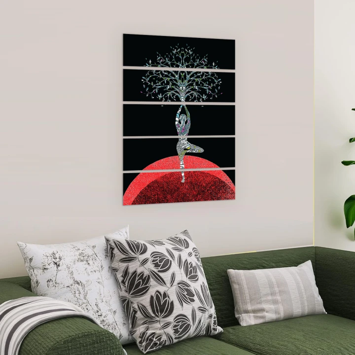 5 piece Yoga Room Decor on canvas Mounted on 5mm Board, Wall Decor Tree of Life Background Art Print Wall Art Wedding Gift, Nature Yoga Studio, Family Housewarming Gift, Buddha Home Decor, House Decor