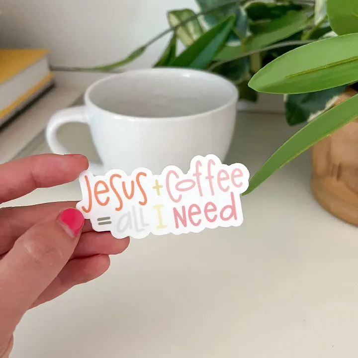 JESUS AND COFFEE Sticker | Christian coffee sticker | Faith coffee decal | Waterproof | Sticker for coffee lover Jesus religion, prayer | Waterproof vinyl decals  Size 3 inch long (7.5cm) Peel & Stick