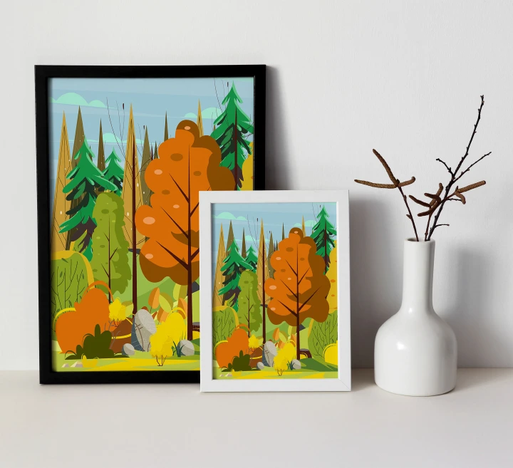 Nature Landscape Painting Wall Art For Home Decoration Framed A3 Size, A4 Size, A5 Size 1 inch wooden Frame, Black Finish Ready to Hang, Wall Hanging Decor Tree Scene, Forest Scenery, Home Decor Art
