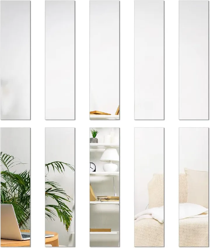 Glass Mirror Tiles Rectangular Set of 10 Self Adhesive Stripe Wall Mirror Ready to Hang Long Glass Mirror for Living Room, Tv Backdrop, Bedroom, Restaurant, Dining Room, Bathroom Decor DIY Decoration