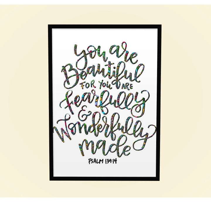You are Beautiful A3 Size 12x17 Framed A4 Christian Wall Art for Her Psalms Quote Bible Quote Wall Art Hanging Artworks Spiritual Meditation Yoga Class Yoga Lovers Gift For Christians Framed Wall Art