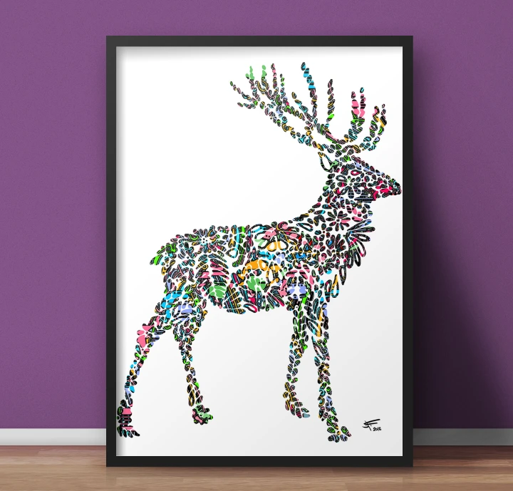 Reindeer wall art, Framed A3 Size Print Wall Art Mountain Forest Lake Landscape, Framed A4 Size Print Reindeer, Reindeer Portrait Art, Abstract Reindeer Wall Hanging Poster, Anniversary Gift for Decor