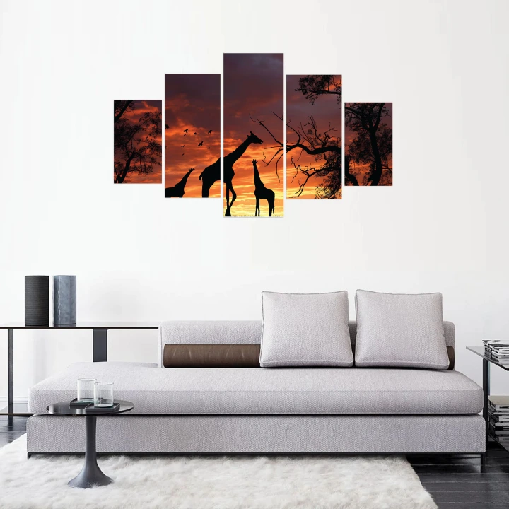 5 Piece Modern Stretched African Landscape Canvas Prints Animals Sunset Artwork Pictures Paintings on Canvas Wall Art for Living Room Bedroom Kitchen Home Decorations