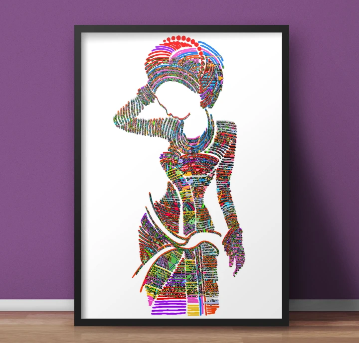 African Lady Art Silhouette, Aesthetic Ornament Head Scarf Painting Gift Framed A4 Size Print Afro Woman, BLack Woman Portrait Art, Abstract Woman Wall Hanging Poster, African Gift for Home Decoration