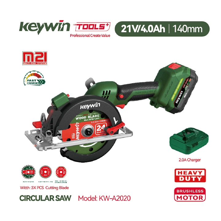 KEYWIN Hot Sale Lithium Brushless Circular Saw (machine Body ) 21VHand Circular Saw Mini Saw Voltage KW-A2020-SET with one 4.0Ah battery pack and charger)