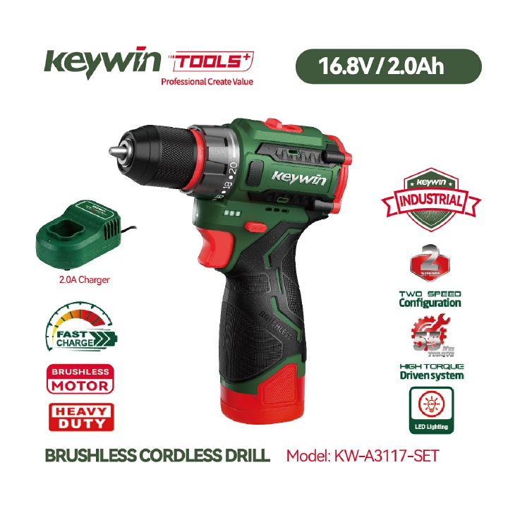 KEYWIN 16.8V Cordless electric Drill Model KW-A3117-SET-01 with one 2.0Ah battery pack and charger) Rechargeable cordless one-hand machine power drill