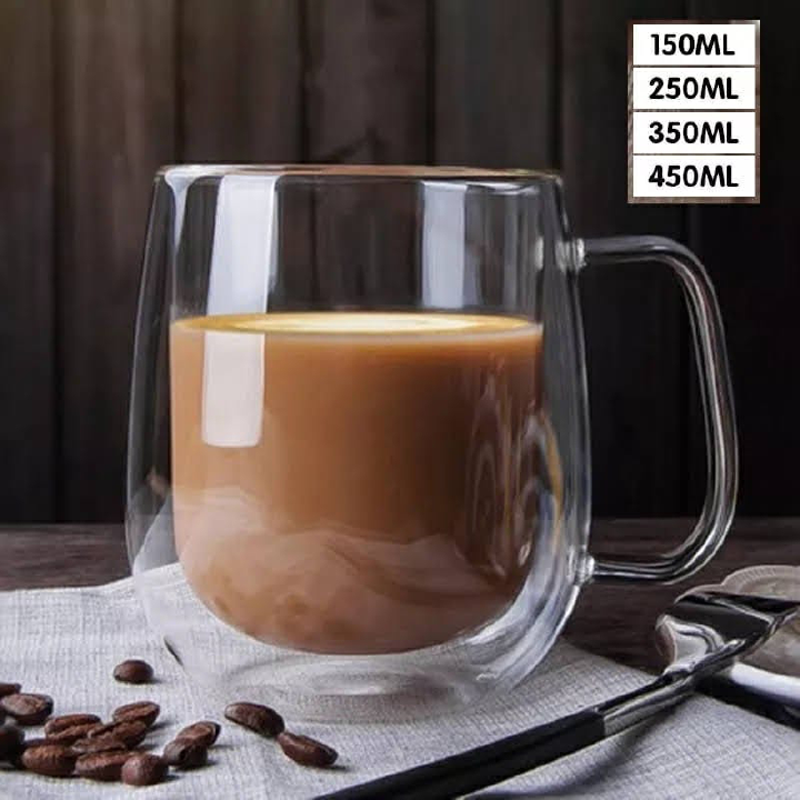 DOUBLE WALL MUG. 450 ML Transparent Double Walled Glass Coffee Cups Insulated Layer Cups Cappuccino Latte Macchiato Glasses Cups Heat Resistant Dishwasher Safe