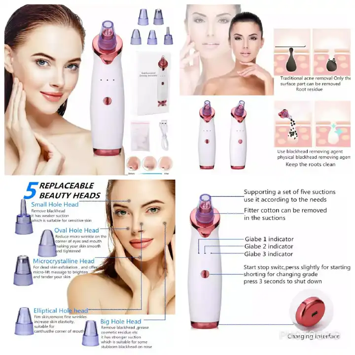 MICROCRYSTALLINE BLACKHEAD REMOVER. Generic Electric and Portable Microcrystalline Blackhead remover 6 alternative suckers from high to low suction for sensitive skin.