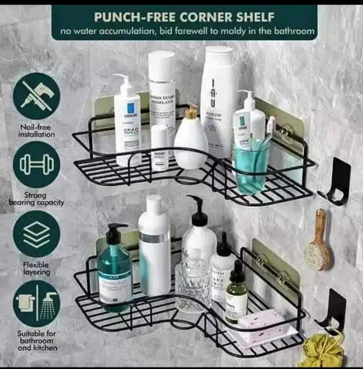 ADHESIVE SHOWER CORNER ORGANIZER SHELVES, No Drilling STAINLESS STEEL SHOWER STORAGE RACK with Hooks&Toothpaste Holder for Bathroom, Dorm and Kitchen.