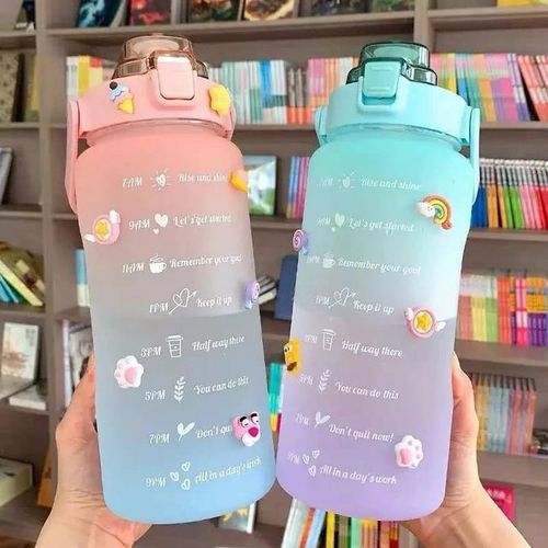 2L Motivational Water Bottle Large With Time Marker + Straw