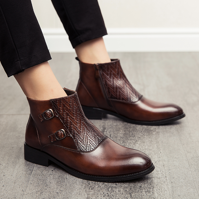 Men Leather Boots Pointed Formal Business Shoes Dress Soft Leisure Slip-on Casual Loafers Moccasins