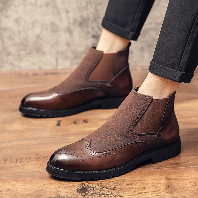 Men Leather Boots Fashion Formal Business Dress Shoes Brogue Office Ankle Martin Chelsea Boots Slip