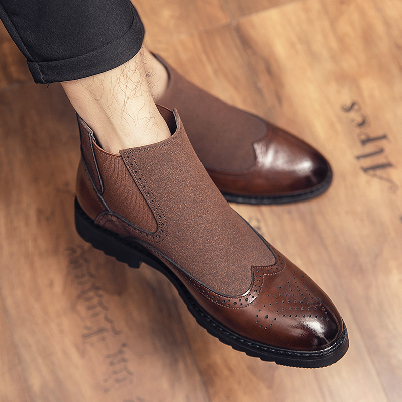 Men Leather Boots Fashion Formal Business Dress Shoes Brogue Office Ankle Martin Chelsea Boots Slip