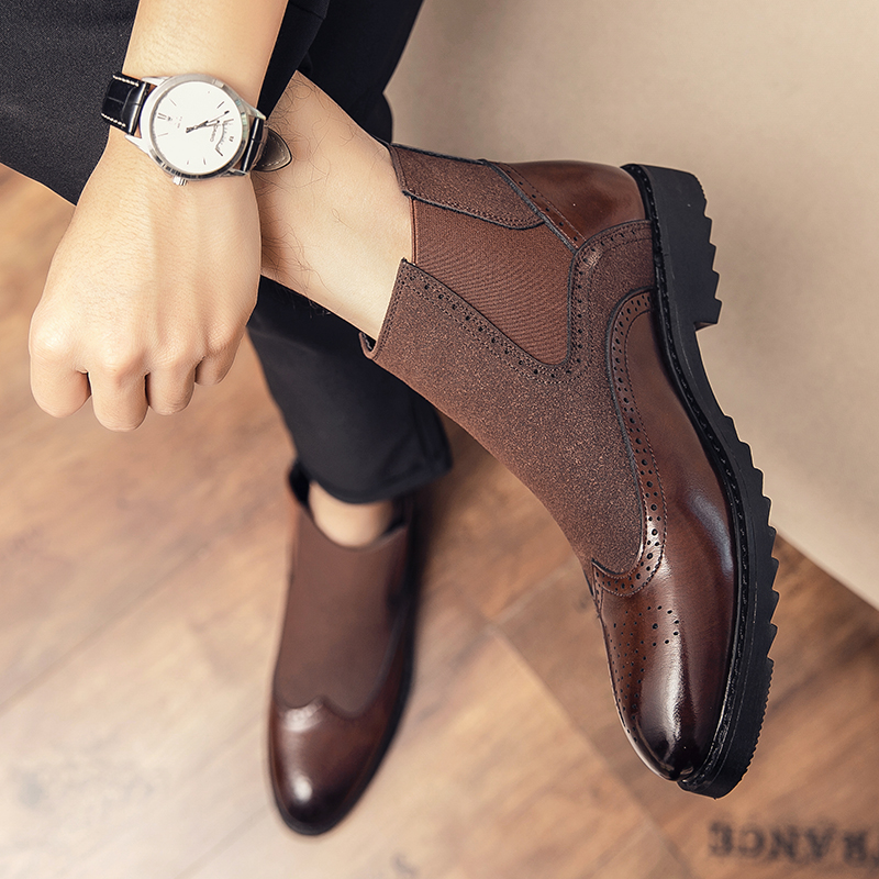 Men Leather Boots Fashion Formal Business Dress Shoes Brogue Office Ankle Martin Chelsea Boots Slip