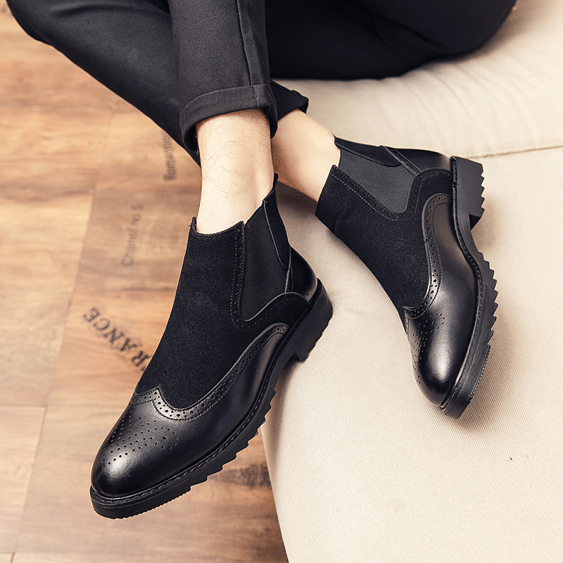 Men Leather Boots Fashion Formal Business Dress Shoes Brogue Office Ankle Martin Chelsea Boots Slip