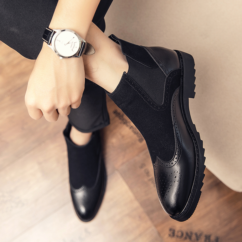 Men Leather Boots Fashion Formal Business Dress Shoes Brogue Office Ankle Martin Chelsea Boots Slip