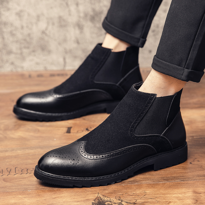 Men Leather Boots Fashion Formal Business Dress Shoes Brogue Office Ankle Martin Chelsea Boots Slip