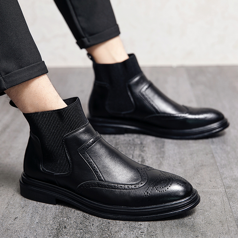 38-45 Men Boots Pointed Leather Formal Business Shoes Slip-on Brogue Dress Office Oxford Chelsea