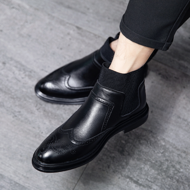 38-45 Men Boots Pointed Leather Formal Business Shoes Slip-on Brogue Dress Office Oxford Chelsea