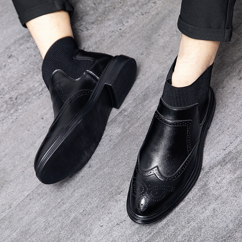 38-45 Men Boots Pointed Leather Formal Business Shoes Slip-on Brogue Dress Office Oxford Chelsea