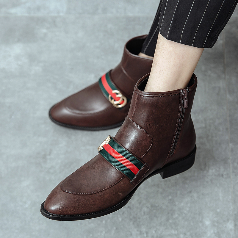 Men Chelsea Boots Pointed Leather Business Shoes Dress Slip-on Ankle Martin Boots Soft Leisure