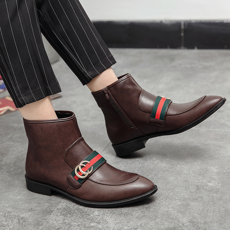 Men Chelsea Boots Pointed Leather Business Shoes Dress Slip-on Ankle Martin Boots Soft Leisure