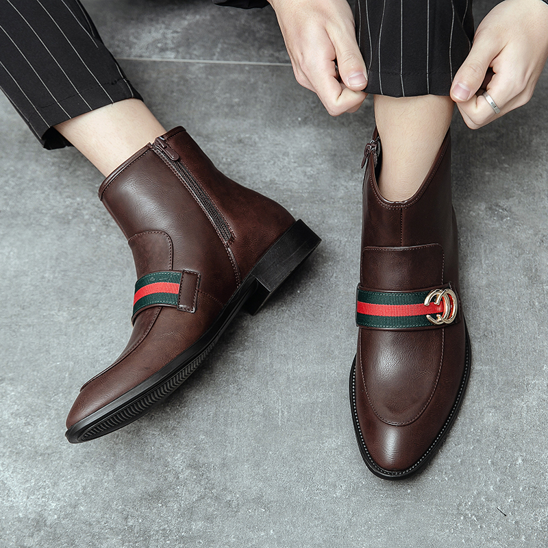 Men Chelsea Boots Pointed Leather Business Shoes Dress Slip-on Ankle Martin Boots Soft Leisure