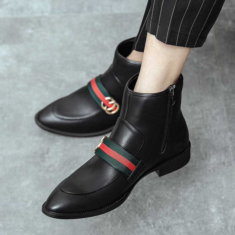 Men Chelsea Boots Pointed Leather Business Shoes Dress Slip-on Ankle Martin Boots Soft Leisure