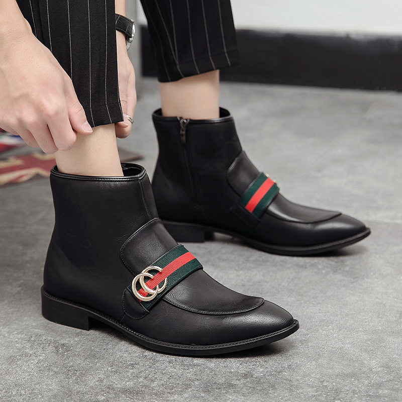 Men Chelsea Boots Pointed Leather Business Shoes Dress Slip-on Ankle Martin Boots Soft Leisure