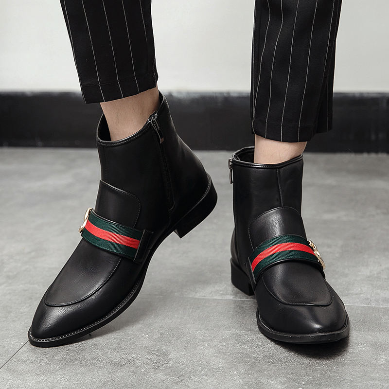 Men Chelsea Boots Pointed Leather Business Shoes Dress Slip-on Ankle Martin Boots Soft Leisure