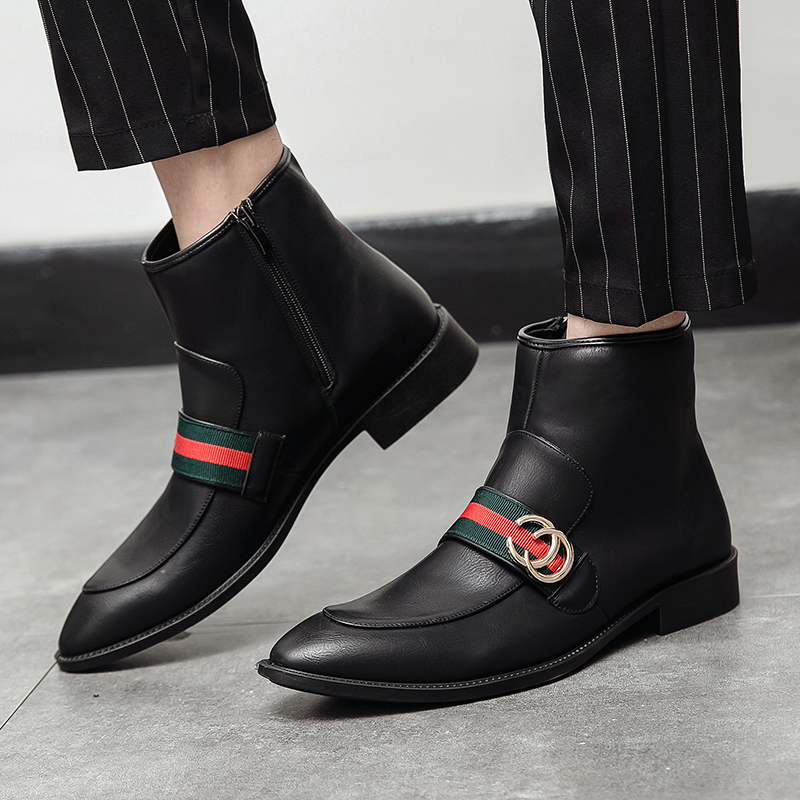 Men Chelsea Boots Pointed Leather Business Shoes Dress Slip-on Ankle Martin Boots Soft Leisure