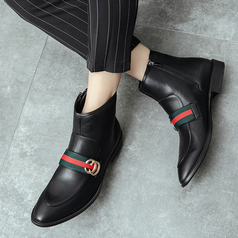 Men Chelsea Boots Pointed Leather Business Shoes Dress Slip-on Ankle Martin Boots Soft Leisure