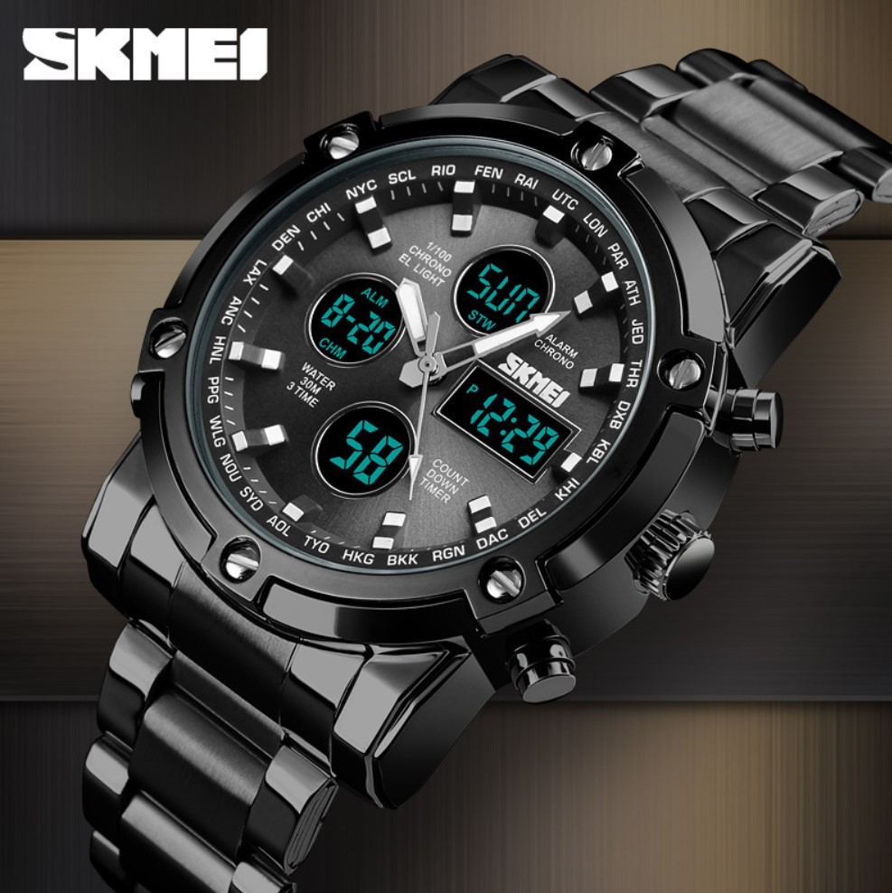 SKMEI Digital Watches Quartz Watches Men Outdoor Sports Watches Countdown Full Steel Strap Business Watches Clock