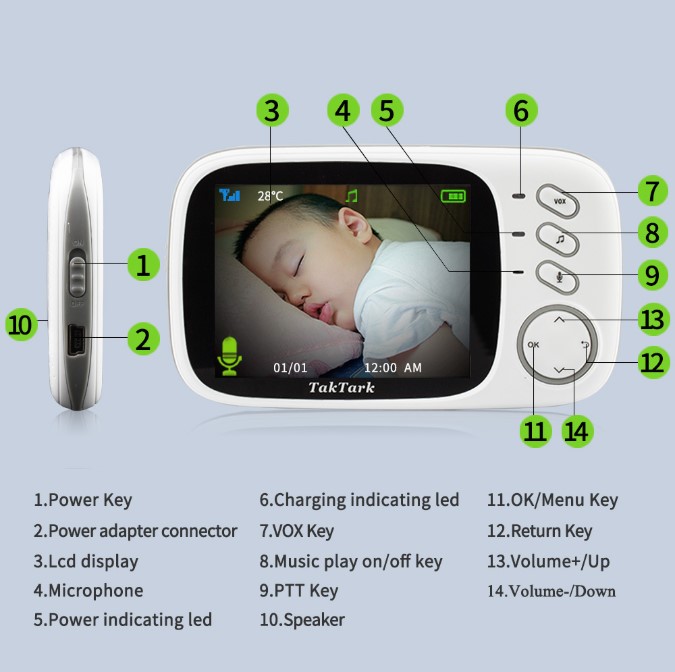 3.2 Inch 2.4G Wireless Video Color Baby Monitor High Resolution Baby Nanny Security Camera Night Vision Temperature Monitoring