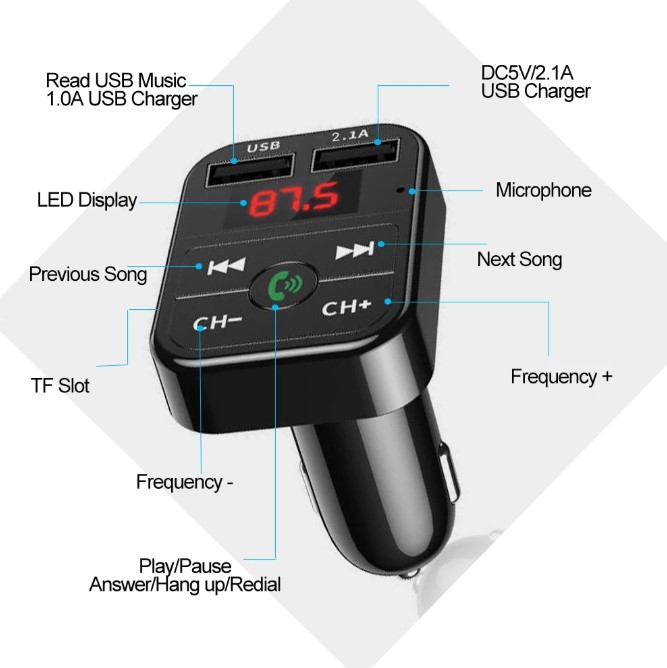 Car Bluetooth FM Transmitter Wireless Handsfree Audio Receiver MP3 Player 2.1A Dual USB Car Charger