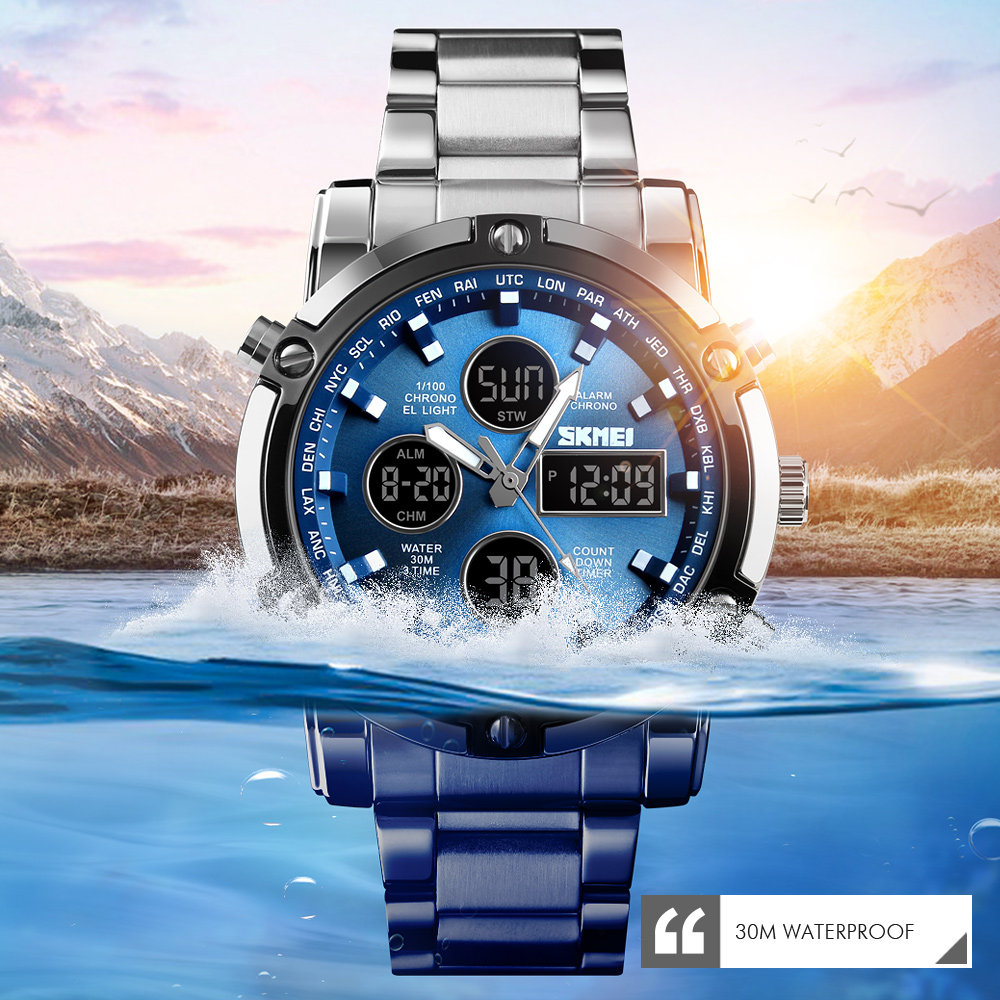 SKMEI Digital Watches Quartz Watches Men Outdoor Sports Watches Countdown Full Steel Strap Business Watches Clock
