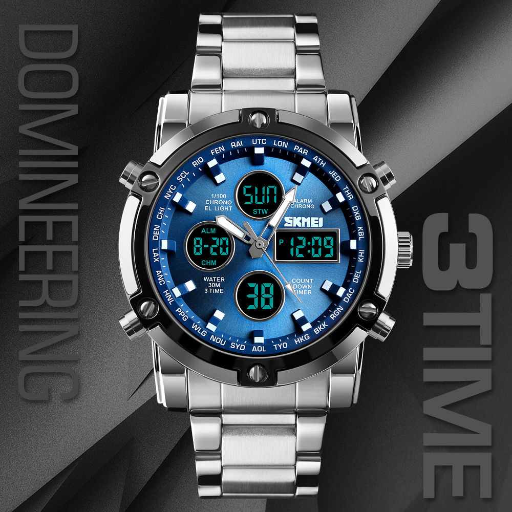 SKMEI Digital Watches Quartz Watches Men Outdoor Sports Watches Countdown Full Steel Strap Business Watches Clock