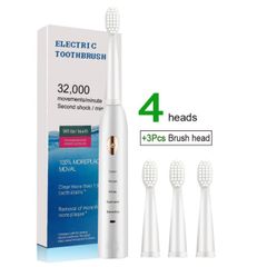 Super Sonic Men/Women Electric Toothbrushes  Smart Timer Whitening IPX7 With 3 Brush Heads Health care Personal Care White one size