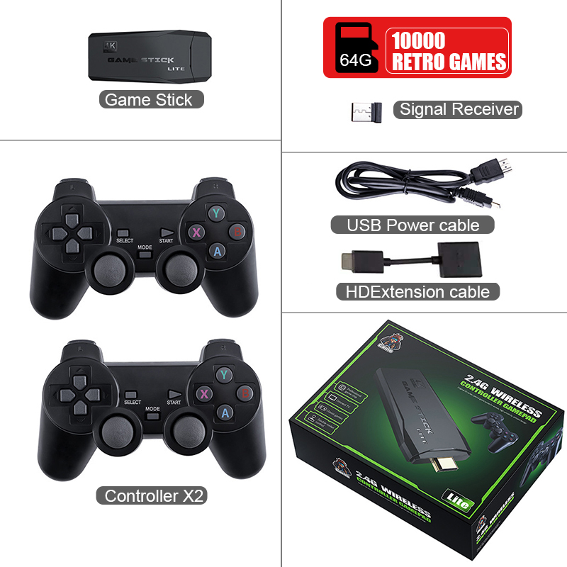 64G 4K HD Video Game Console 2.4G Double Wireless Controller For PS1/FC/GBA Retro TV Dendy Game Console 10000 Games Stick Black With 64G