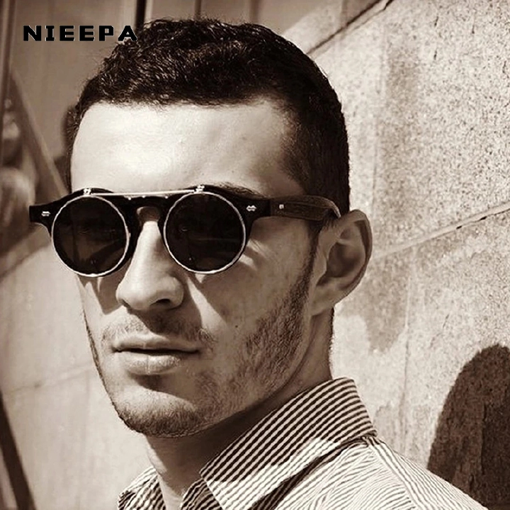 Men/Women Vintage Round Steampunk Flip Up Sunglasses Classic Double Layer Clamshell Design Fashion Sun Glasses