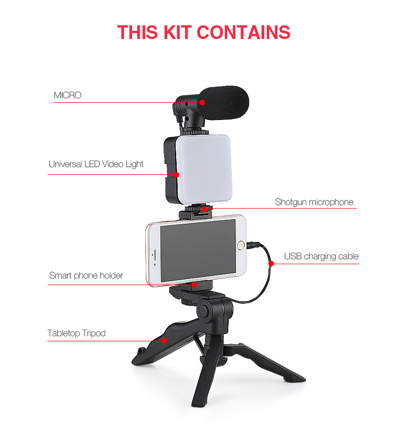 Phone Handle Portable Photography Lighting Phone Video Kit 5 in 1 Phone Holder Microphone Fill Light LED Selfie Lights Selfie Tripod  Remote Shutter Phone Camera Video Record Stabilizer Bracket